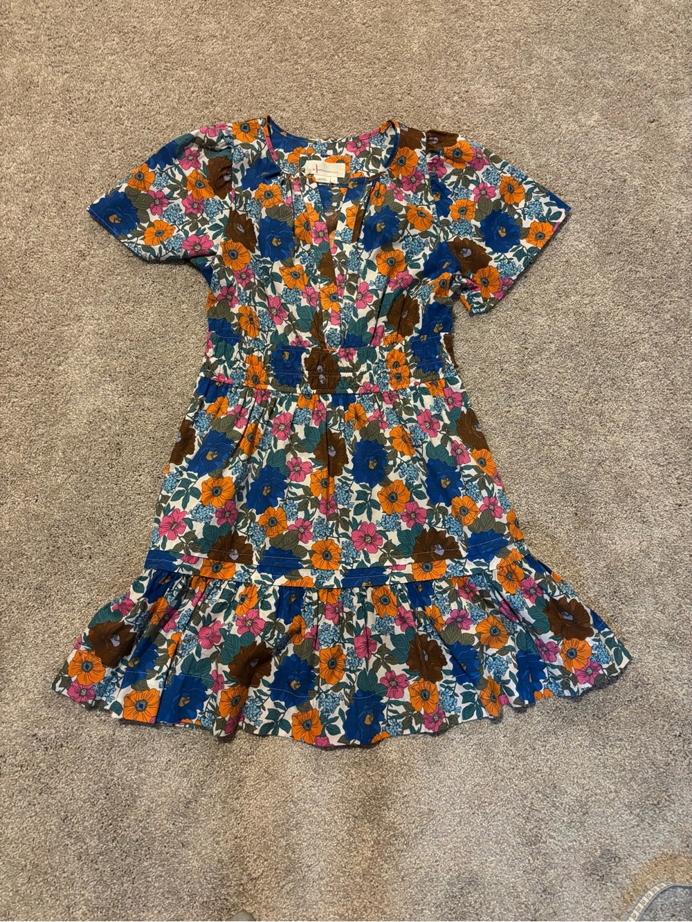 Anthropologie Somerset mini Floral Ruffle Dress - Blue, Orange & Pink